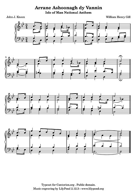 Arrane Ashoonagh dy Vannin Piano Partitur Cantorion, Partitur